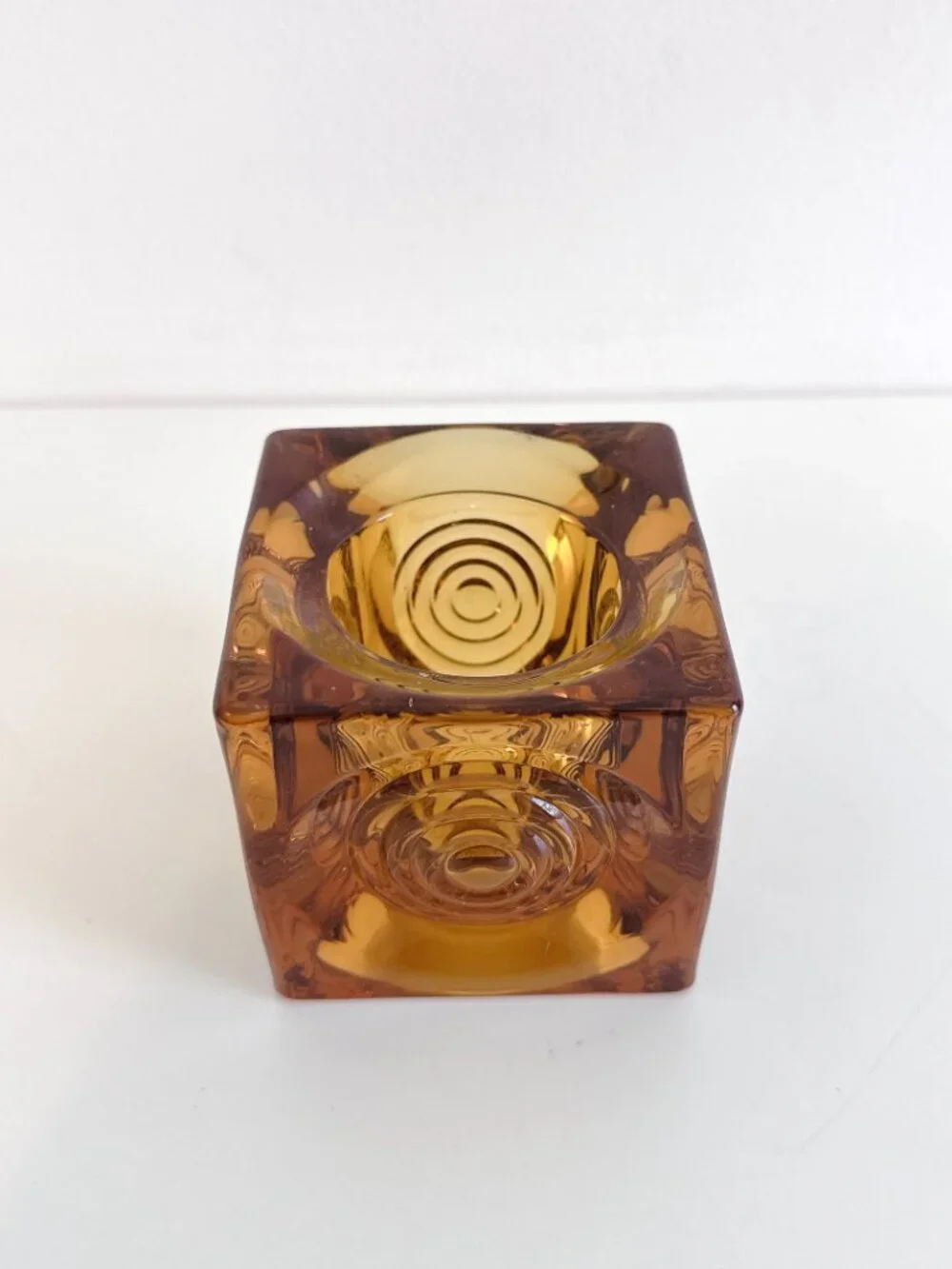VIKING AMBER GLASS BULLSEYE GLIMMER CUBE CANDLE HOLDER PAPERWEIGHT VINTAGE MCM